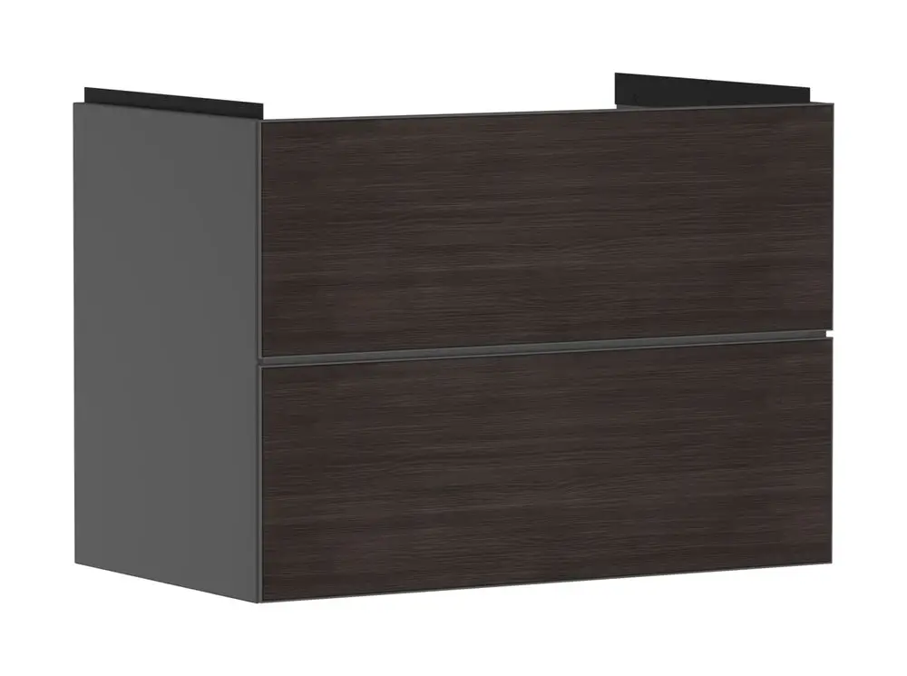 Waschtischunterschrank in schiefergrau, ausgestattet mit zwei Schubkästen. Das Design ist schlicht und funktional, ideal für moderne Badezimmerlösungen von Hansgrohe.
